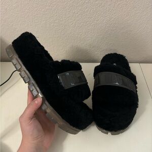 UGG | Fluffita Clear Fluff‎ Slide Platform Sandals Slippers Black Women’s Sz 8